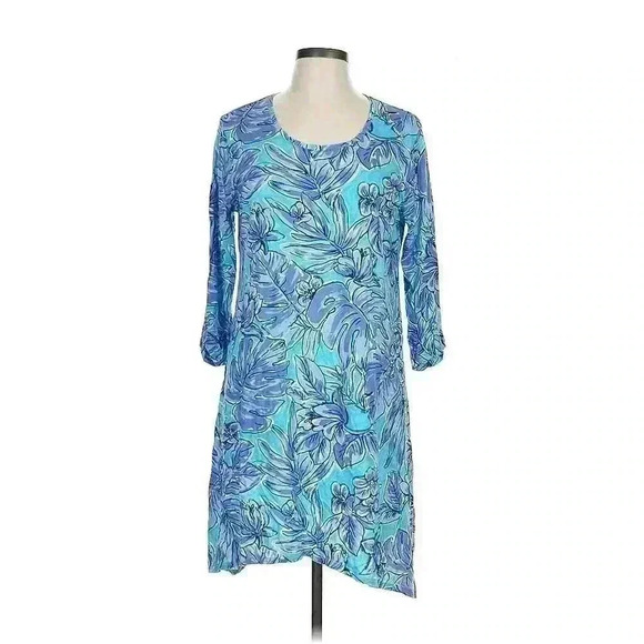 Caribbean Joe (S) Tropical‎ Summer Floral 3/4Sleeve Dress Blues And Purple - Picture 1 of 7